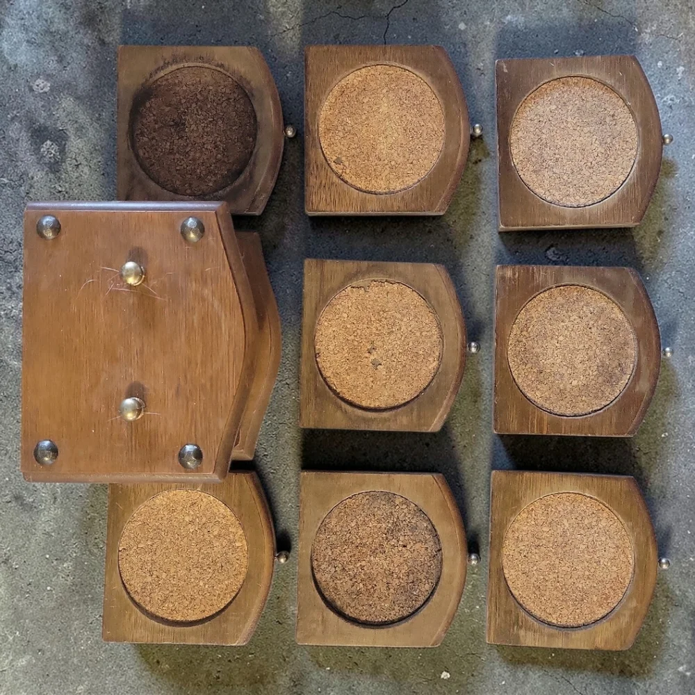 Vtg 8 Catalina Wood Cork Coasters Brass Knobs